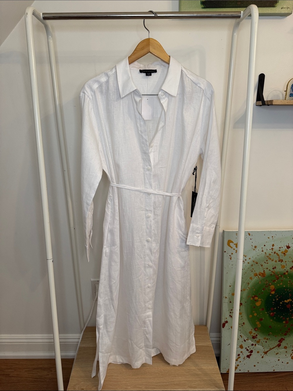 NWT Saks Fifth  Ave100% Linen White Button-Front Shirt Dress with Tie Waist M